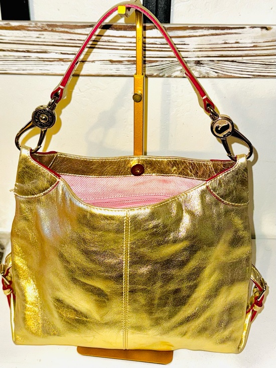 Dooney & Bourke Handbags - Dooney & Bourke Metallic Gold Leather Logo Lock Sac Hobo Shoulder Bag like new
